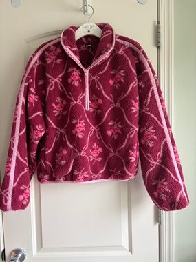 Old Navy Raspberry and Pink Floral Sherpa Half-Zip Pullover